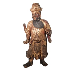 Large Antique Chinese Ming Polychrome Gilt Wood Warrior God