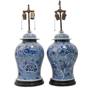 Pair of Chinese Fenghuang Blue & White Porcelain Lamps