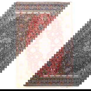 Monumental Persian Tabriz Alabaf Silk Blend Rug: Monumental Persian Tabriz Alabaf Silk Blend RugPersia, Late 19th-early 20th centuryA monumental Persian Tabriz Alabaf silk blend rug. The rug consists of a red body with dark blue and green colors thr