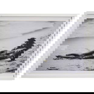 Nude Portrait Black & White C-Type Photograph: Nude Portrait Black & White C-Type Photograph21st Cent, USANude portrait C-Type black and white photograph of a nude woman in repose on a beach. Mounted in a wood frame with a white frame and white ma