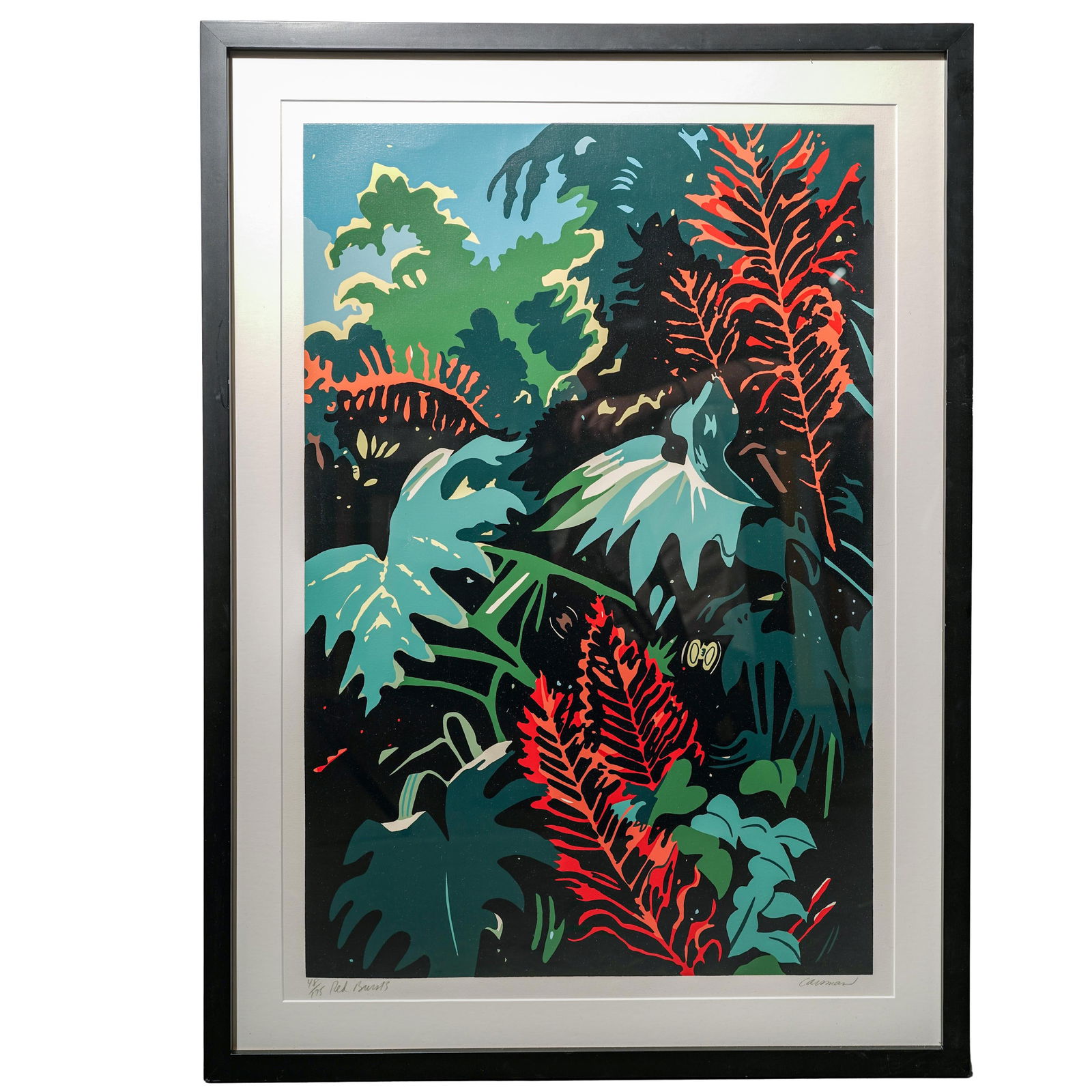 Jon Carsman (American, 1944-1987) "Red Bursts" Serigraph: Jon Carsman (American, 1944-1987) "Red Bursts" Serigraph20th century, AmericanA limited edition serigraph featuring lush foliage and titled "Red Bursts" by American artist Jon Carsman (1944-1987). Sig