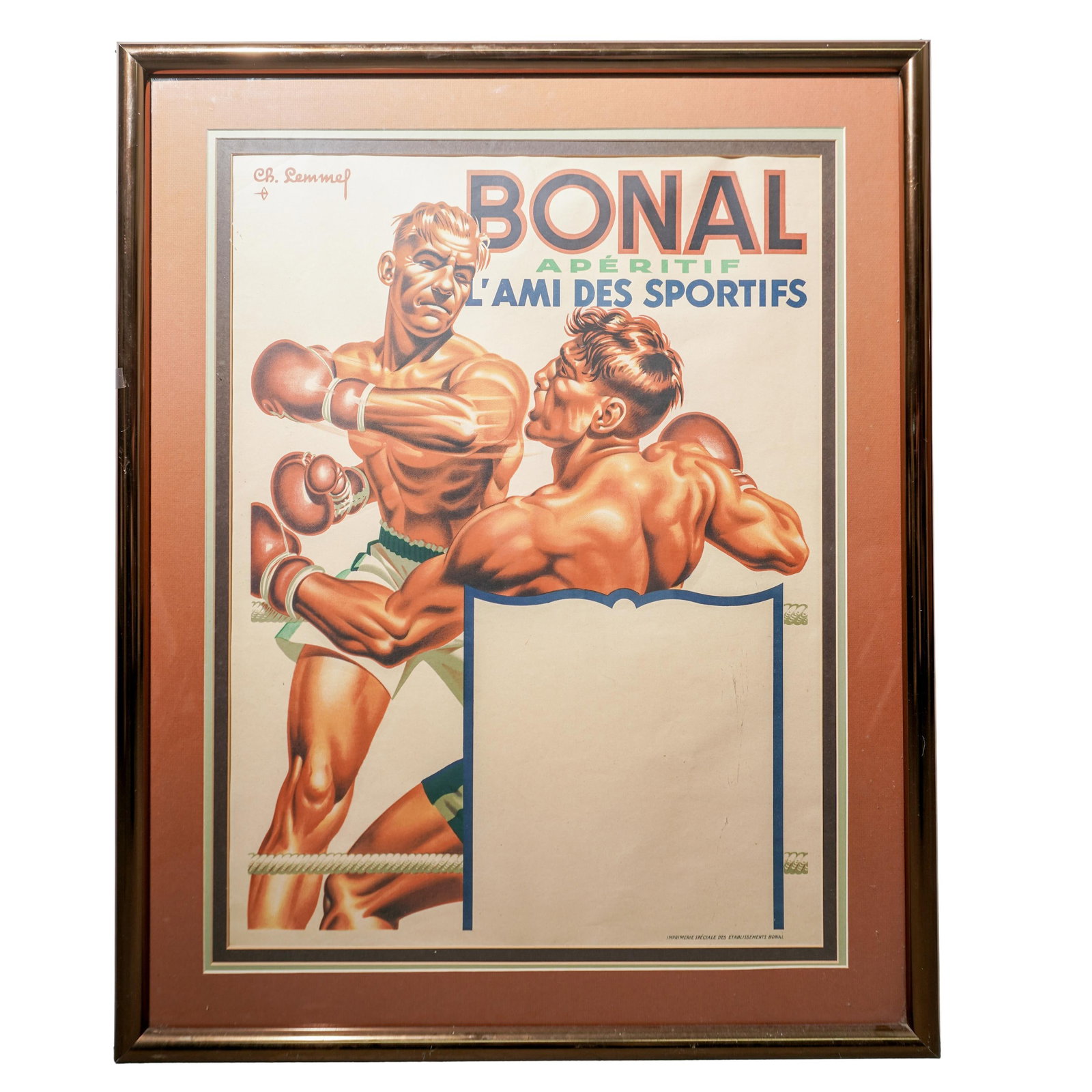 Charles Lemmel (French, 1899-1976) Bonal Apertif Poster: Charles Lemmel (French, 1899-1976) Bonal Apertif Poster Early to mid 20th century, France A vintage Bonal Apertif poster feautring two boxers by French poster artist Charles Lemmel (1899-1976). Marked