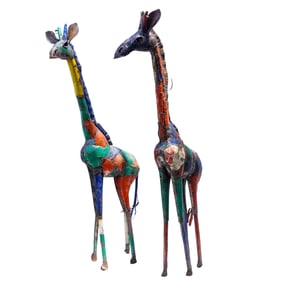 Pair of Welded Metal JunkYard Art Giraffe Statues