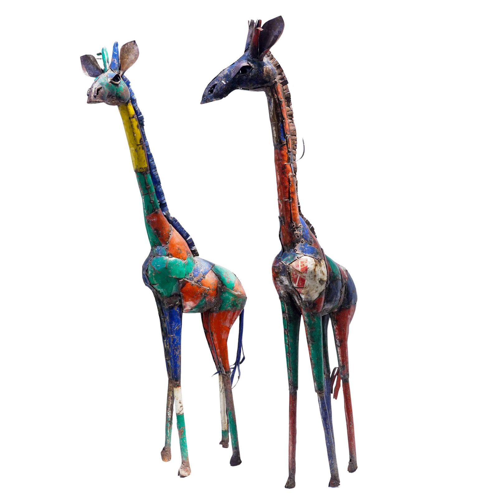 Pair of Welded Metal JunkYard Art Giraffe Statues: Pair of Welded Metal JunkYard Art Giraffe StatuesA pair of giraffe garden statues composed of found recycled metal panels from oil drums with colorful finishes depicting two giraffe Sculptures.H: 43&r
