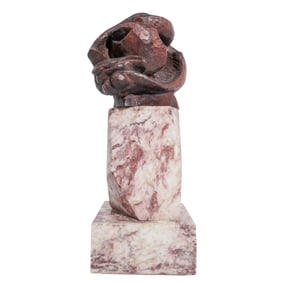 Abstract Wooden Sculpture on Stone Base