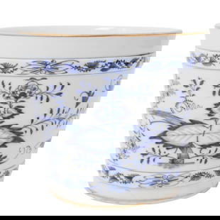 Antique Meissen "Blue Onion" Porcelain Planter: Antique Meissen "Blue Onion" Porcelain Planter20th Century, GermanyAntique Meissen porcelain planter in the "Blue Onion" pattern. Embellished with gilt rim. Marked with the blue Meissen stamp on the u