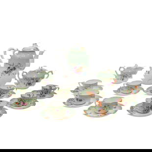 (19 Pc) Vintage Bavarian Porcelain Hot Chocolate Porcelain Set: (19 Pc) Vintage Bavarian Porcelain Hot Chocolate Porcelain Set20th Century, Bavaria(19 Pc) Vintage Bavarian Porcelain Hot Chocolate Porcelain Set. Decorated with green accents, and multicolored floral
