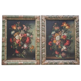 Pair of Antique Floral Oil On Canvas Paintings
