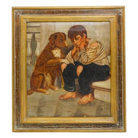 1879 L. Vogt 'Ragamuffin Boy & Dog' Portrait Painting