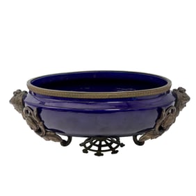 Antique French Cobalt Stoneware & Bronze Centerpiece Bowl