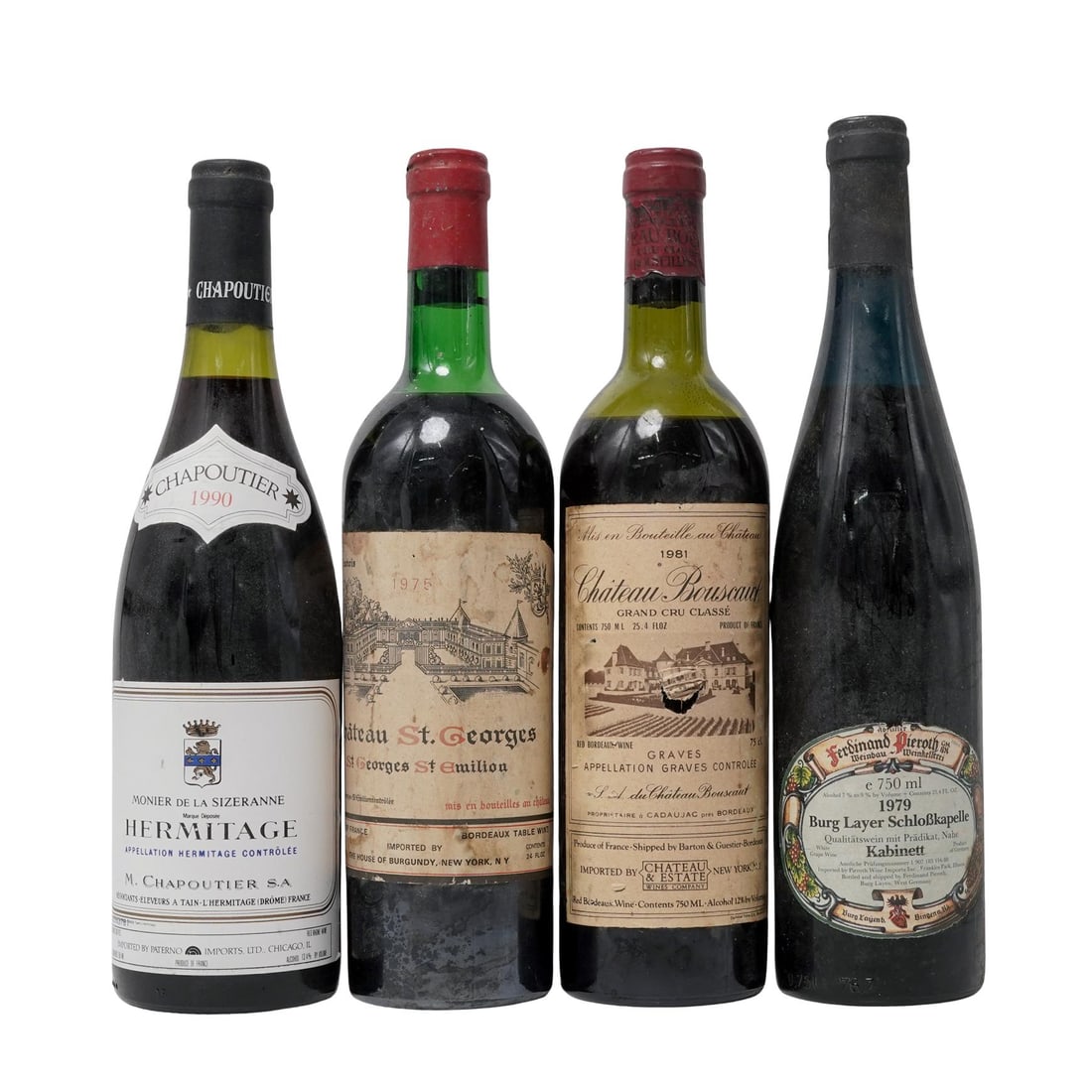 (4 Pc) Vintage French & German Wines Bottles Grouping: (4 Pc) Vintage French & German Wines Bottles Grouping 1975-1990, Germany / France (4 Pc) Vintage French and German Wines Bottles Grouping. Includes: (1 Pc) Vintage French 1990 Chapoutier Hermitage red
