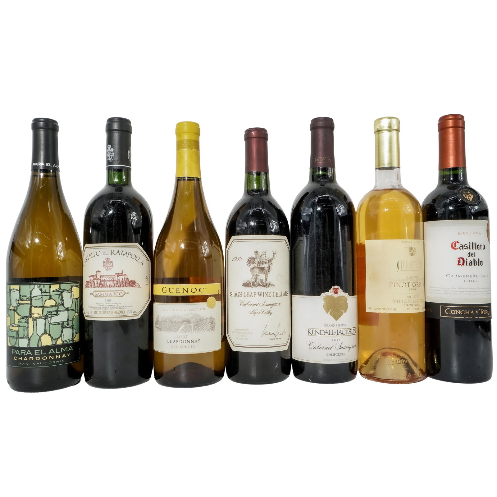 (7 Pcs) Selection of Vintage Wines: (7 Pcs) Selection of Vintage Wines 1989-2011, Italy/ California/ Chile This collection includes: Villa Borghetti Pinot Grigio 1998, Italian white wine Para El Alma Chardonnay 2010, California Chardonn