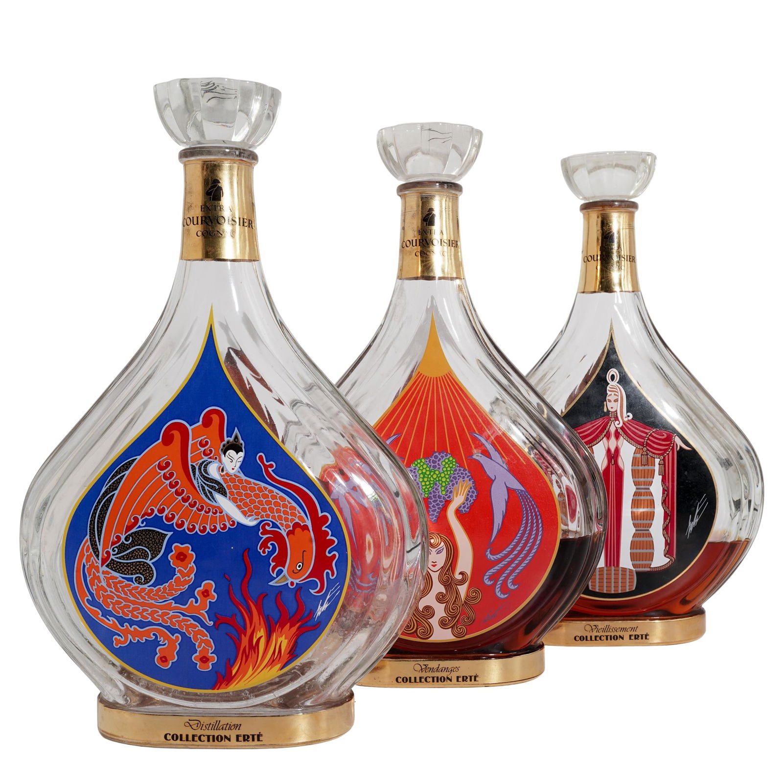 (3 Pc) Erte Courvoisier Collection Liquor Bottles: (3 Pc) Erte Courvoisier Collection Liquor Bottles20th Century, France(3 Pc) Erte Courvoisier Collection Liquor Bottles. Designed by Art Deco Russian / French designer Romain de Tirtoff, born in 1893,