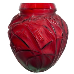 After Rene Lalique Red Glass "Sauterelles" Grasshopper Vase