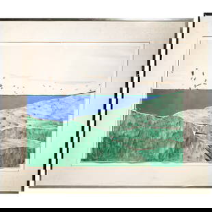 Evelyn Eller (American, B. 1933) Mixed Media Landscape Collage: Evelyn Eller (American, B. 1933) Mixed Media Landscape Collage20th-21st century, AmericanA mixed media landscape collage by American artist, Evelyn Eller (b. 1933). Chrome frame. Frame is marked on ba