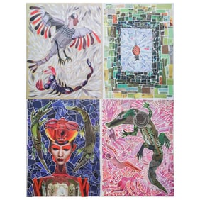 (4 Pc) Art Collage Lithograph Panels