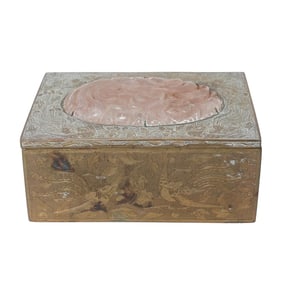 Chinese Brass & Rose Quartz Rectangular Hinged Box
