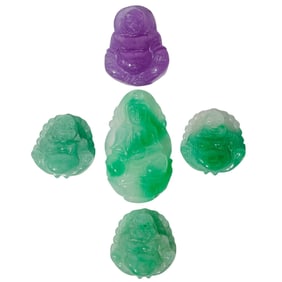 (5 Pc) Carved Lavender Jade & Jadeite Buddhist Pendants