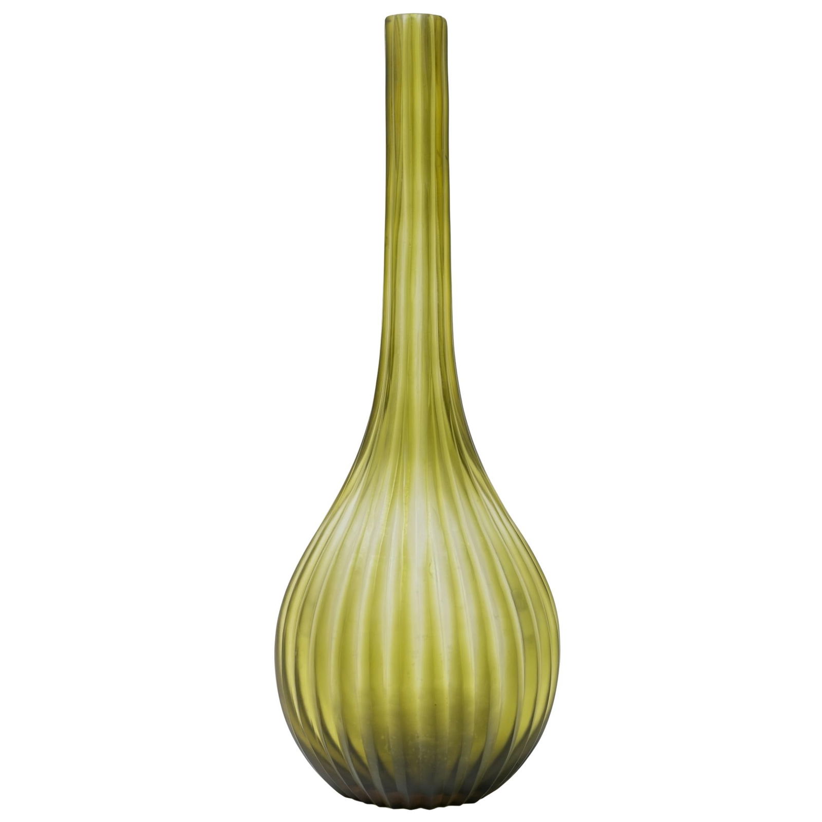 Oggetti Art Glass Vase: Oggetti Art Glass Vase20th Century, Made in IndiaOggetti art glass vase designed with a bulbous body, elongated narrow neck,and corrugated textured exterior in green glass. Marked on the underside wit