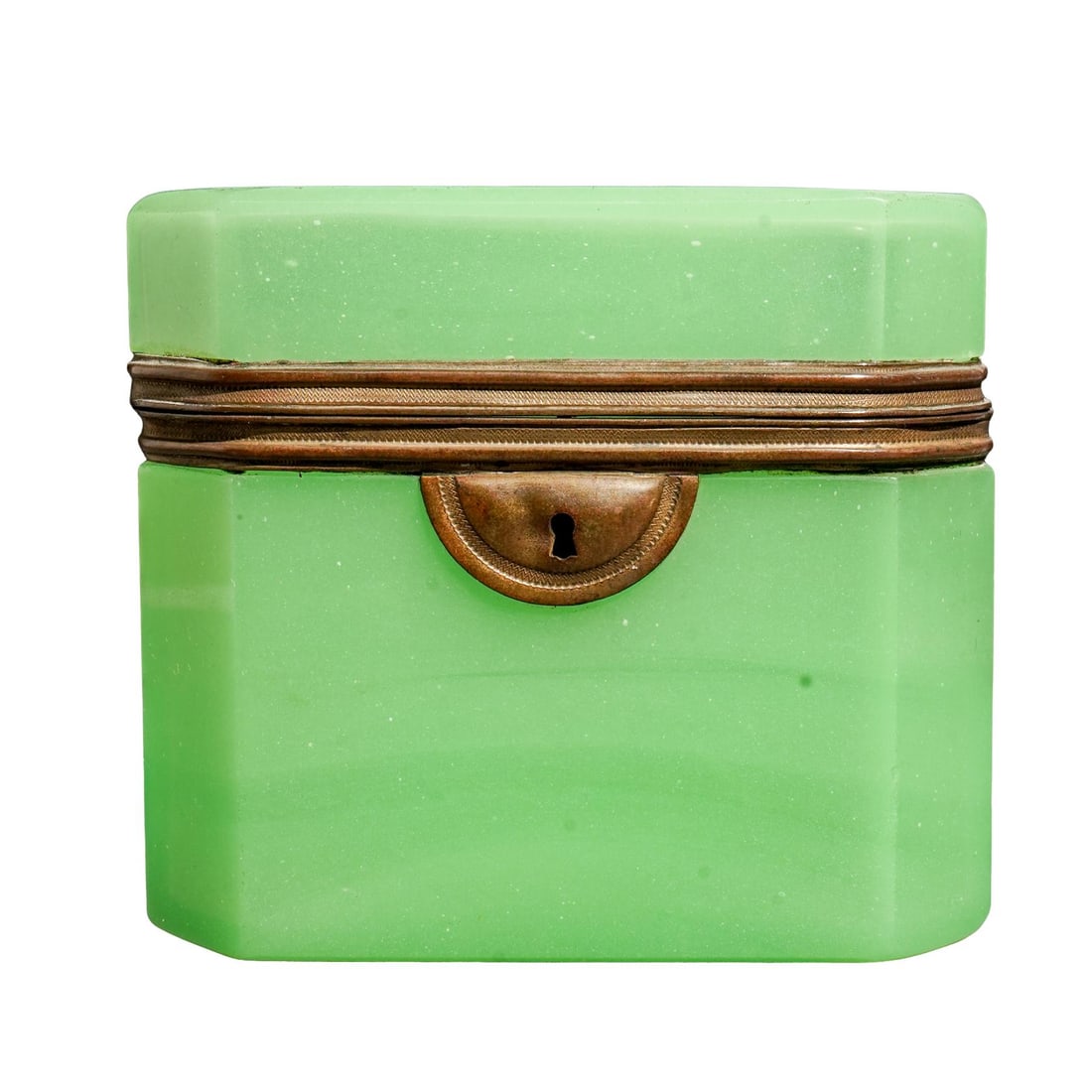 Antique French Green Opaline Glass & Ormolu Vanity Box: Antique French Green Opaline Glass & Ormolu Vanity BoxLate 19th to Early 20th Century, FranceAntique French opaline glass vanity box presenting a light green tone throughout with an ormolu mount on th