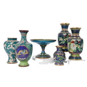 (6 Pc) Antique Chinese Cloisonne Vases And Compote