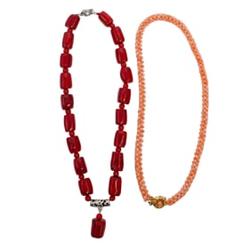 (2 pcs) Vintage Beaded Coral Strand Necklaces