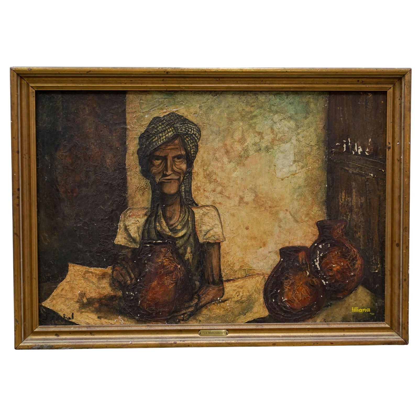 Liliana Neret "La Marchanta" Oil Painting On Board: Liliana Neret "La Marchanta" Oil Painting On Board1970s, Latin AmericaLiliana Neret "La Marchanta" (The female vendor) Oil Painting on board. Depicts an elderly woman surrounded by pottery pots. Signe
