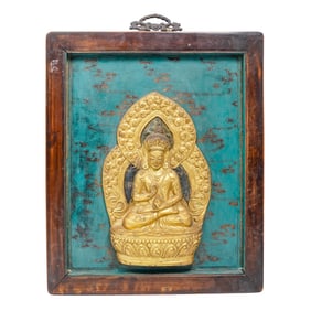 18th Century Tibetan Gilt Copper Framed Buddha Relief Plaque