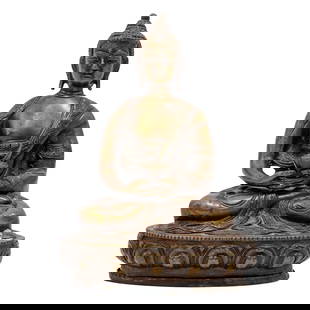 Chinese Bronze Shakyamuni Buddha Sculpture: Chinese Bronze Shakyamuni Buddha SculptureLate 20th Century, Southeast AsiaThis Bronze Seated Buddha sculpture depicts the historical Buddha, Shakyamuni, seated in meditation on a double-lotus base. T