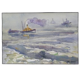 Sybil Walker (American, 1882) "Tugboats in Ice" Watercolor