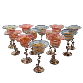 (12 pcs) Signed Israeli Silvered Art Glass Stemware