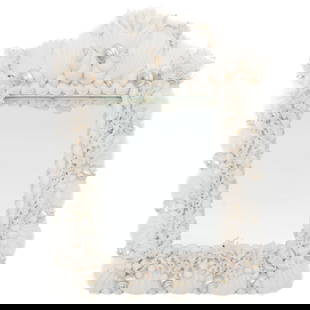 Seashell & Coral Framed Mirror: Seashell & Coral Framed MirrorLate 20th century, USADecorative mirror framed with a variety of white seashells and coral, including scallop, conch-like, and spiral shells. A rectangular mirror is cent