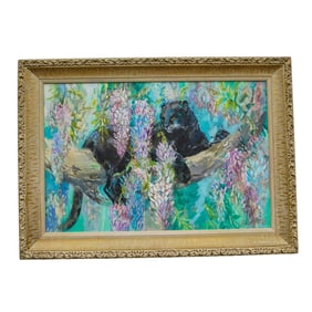 Haitian School Panther Oil Painting Signed By Artist