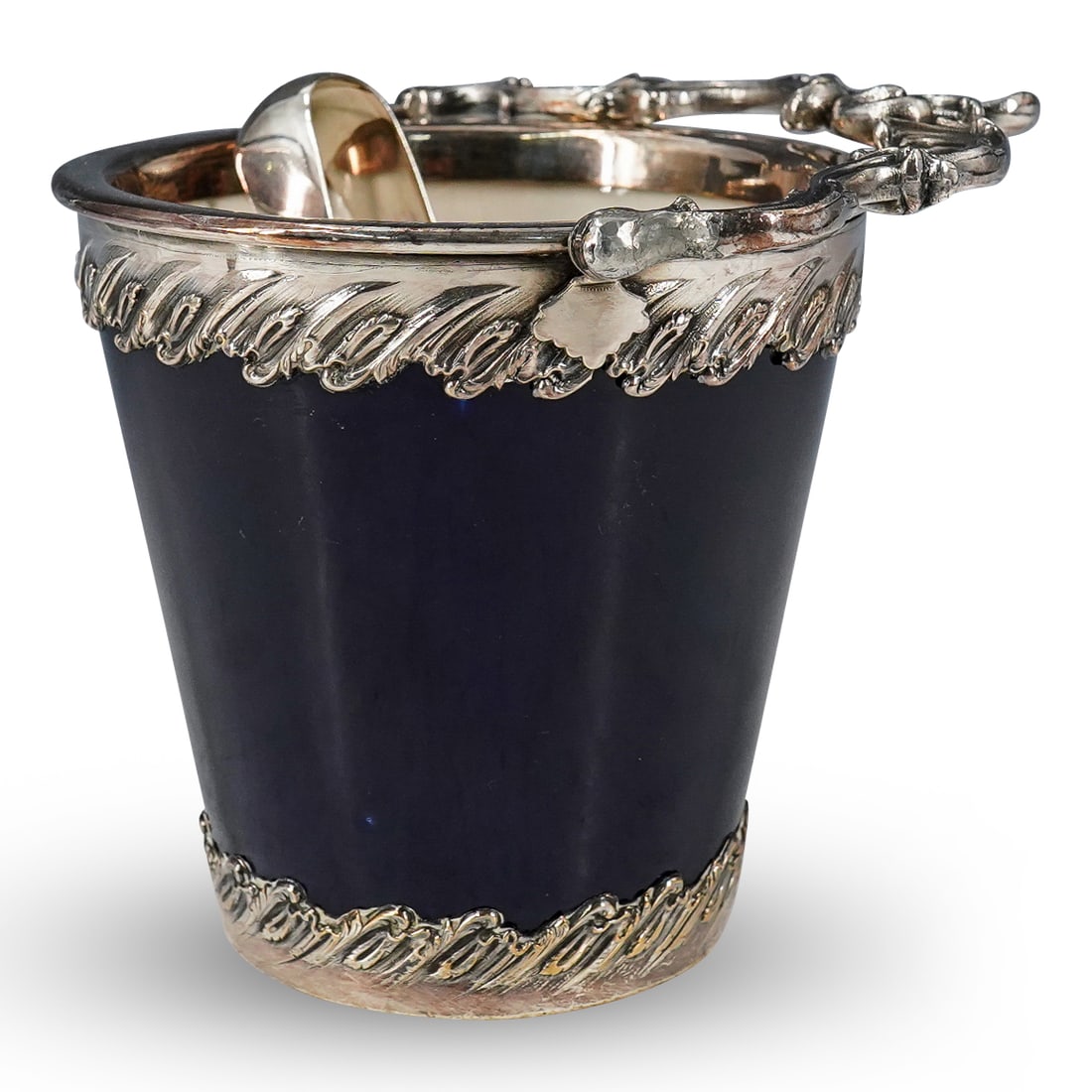 Antique French Silver-Plated Porcelain Table Bucket: Antique French Silver-Plated Porcelain Table BucketLate 19th to Early 20th Century, FranceAntique porcelain table bucket coated in a cobalt blue glaze around its exterior and a cream white glaze in it