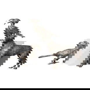 (3 Pcs) Regala Silver Plated Animal Figures: (3 Pcs) Regala Silver Plated Animal Figures20th century, ContinentalTwo identical birds (H: 1 3/4" W: 3") and one wolf (H: 2 3/4" W: 4"). All figures are stamped on the back of their tails with "REGAL