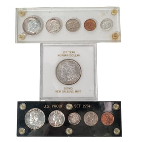 (3 Pc) 1950s USA Coin Proof Sets & 1879 Morgan Silver Dollar
