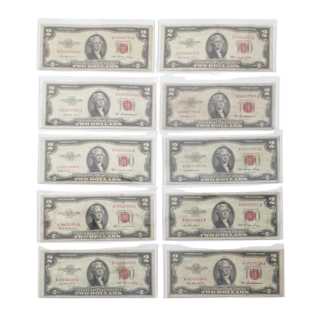 (10 Pcs) 1953 Red Stamp $2 US Bank Notes (1 of 7)