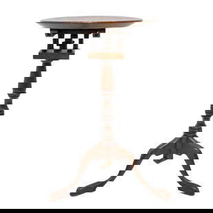 English Regency Style Wooden Tea Table: English Regency Style Wooden Tea TableLate 20th Century, USAThis English Regency-style oak tea table features a circular tilt-top surface with an integrated push-up ratchet mechanism that allows it to