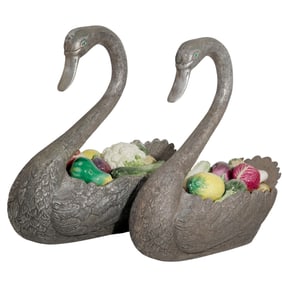 Pair Of Swan Centerpieces W/ Majolica Fruits & Vegetables