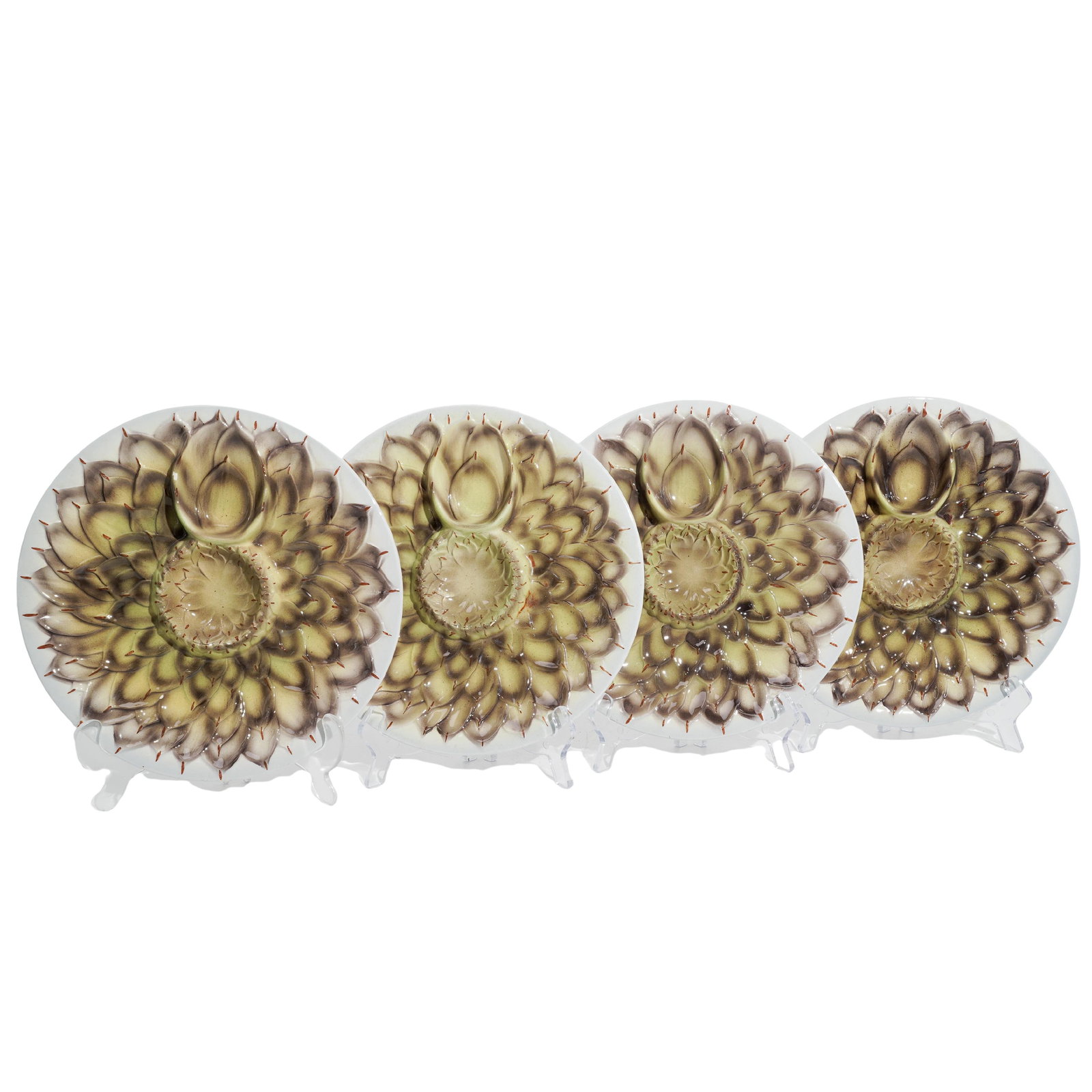 (4 Pc) Vintage Italian Majolica Trompe L'Oeil Artichoke Plates: (4 Pc) Vintage Italian Majolica Trompe L'Oeil Artichoke Plates 20th Century, Italy Vintage Italian Majolica Trompe L'oeil artichoke plates, featuring realistic artichoke motifs. The multicolor plates 
