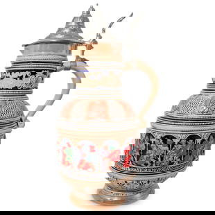 Marzi & Remy German Beer Pitcher Stein: Marzi & Remy German Beer Pitcher Stein20th c., GermanyLarge ceramic beer pitcher with a silver metal lid featuring colorful images of people dancing. Marzi & Remy backstamp on the bottom.H: 13.65" L: