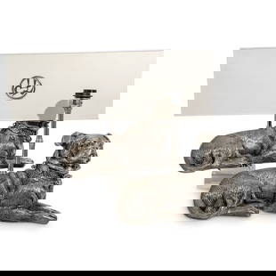 Ex-Christies Pair Of Silver-Plated Dogs Mounted As Lamps: Ex-Christies Pair Of Silver-Plated Dogs Mounted As Lamps20th cent. ItalyA pair of silver-plated dogs mounted table lamps, each modeled as seated dogs with articulated bell collars, with Chinese charac