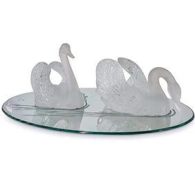 (3 Pcs) Lalique Crystal Swans On Oval Water Mirror