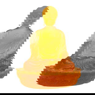 Daum France Crystal Amitabha Buddha Figure: Daum France Crystal Amitabha Buddha Figure20th c., FrancePate de Verre amber crystal Buddha with the Daum France signature etched on the bottom.7"H x 5.75"dia.