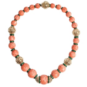 Exceptional David Webb 18k Gold, Carved Coral and Enamel Necklace