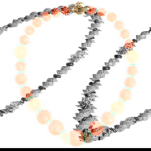 Exceptional David Webb 18k Gold, Carved Coral and Enamel Necklace: Exceptional David Webb 18k Gold, Carved Coral and Enamel NecklaceLate 20th Cent, FranceDavid Webb necklace presenting carved graduating coral beads with shou characters and perforated designs, alterna