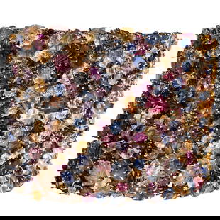 Ex Christies Tony Duquette 18k Gold Multi-Colored Sapphire & Ruby Bracelet: Ex Christies Tony Duquette 18k Gold Multi-Colored Sapphire & Ruby BraceletMid 20th c., USACuff bracelet set with variously-shaped faceted and carved colored sapphires including hues of blue, yellow, p