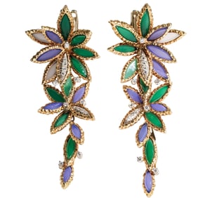 Italian 18K Gold, Chalcedony & Diamond Hanging Earrings