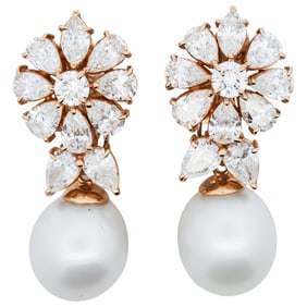 18K Gold, Pearl, and Diamond Flower Screw-Back Earrings