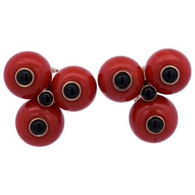 Vintage 18K Gold, Coral, and Onyx Clip-On Earrings